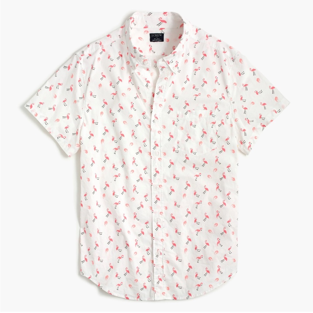 J Crew men’s slim fit flex washed short sleeve flamingo button up
